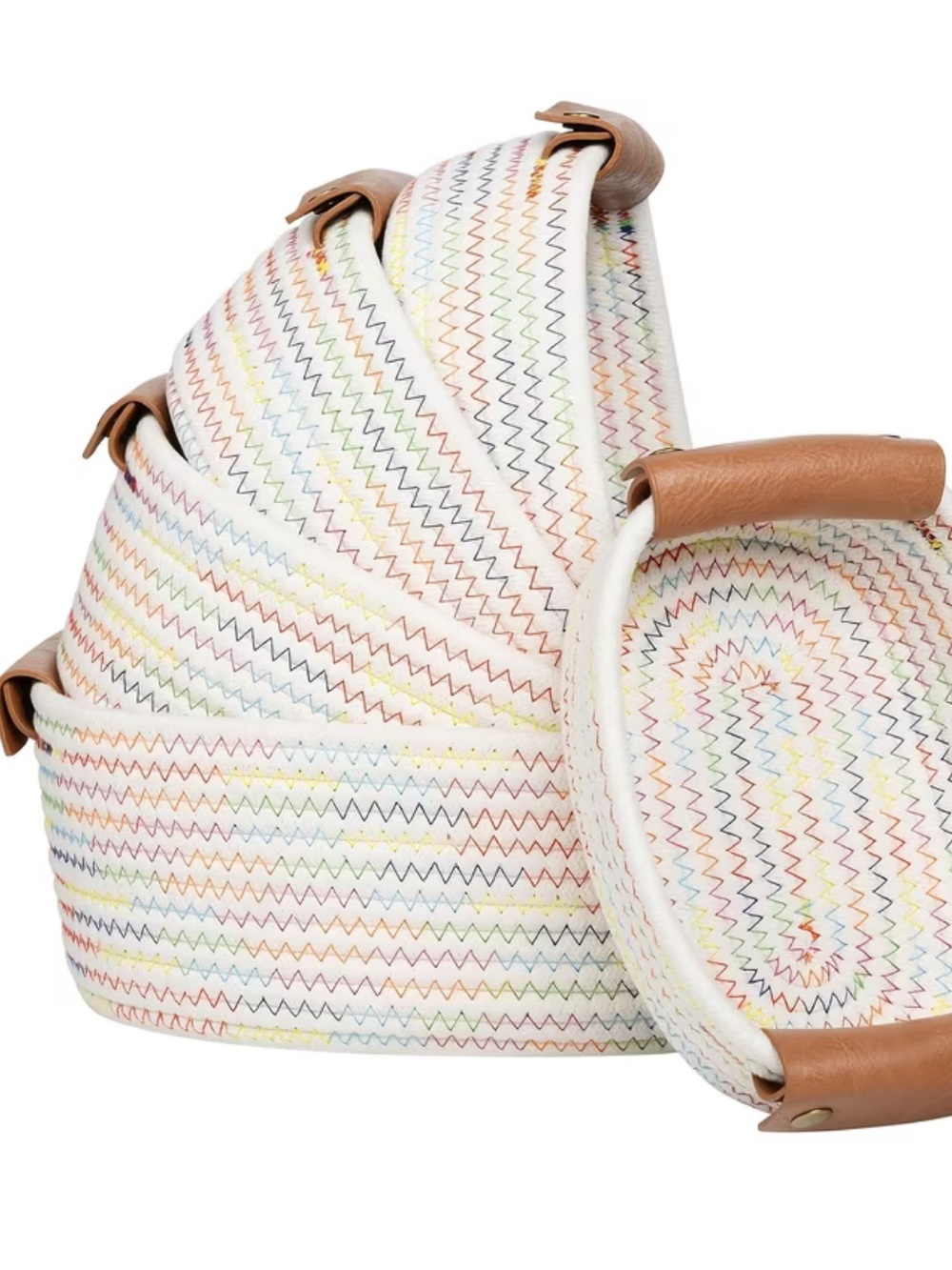 5 PIECE SET WOVEN MULTICOLOR ZIGZAG STORAGE BASKETS with FAUX LEATHER HANDLE NIB